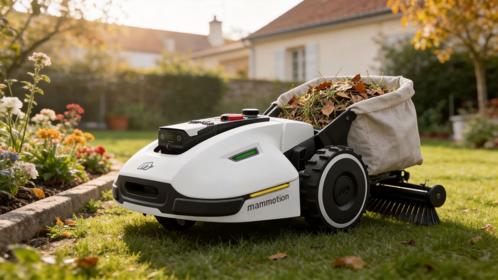 Mammotion Yuka 3000 avec son kit balayeuse optionnel rempli de feuilles