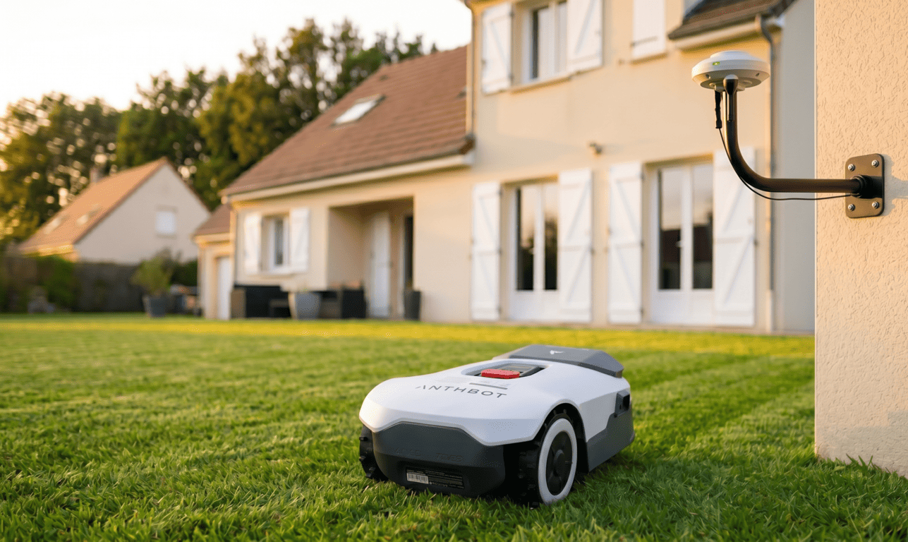 Antenne RTK ANTHBOT Genie 800 fixée en hauteur sur la façade d'une maison