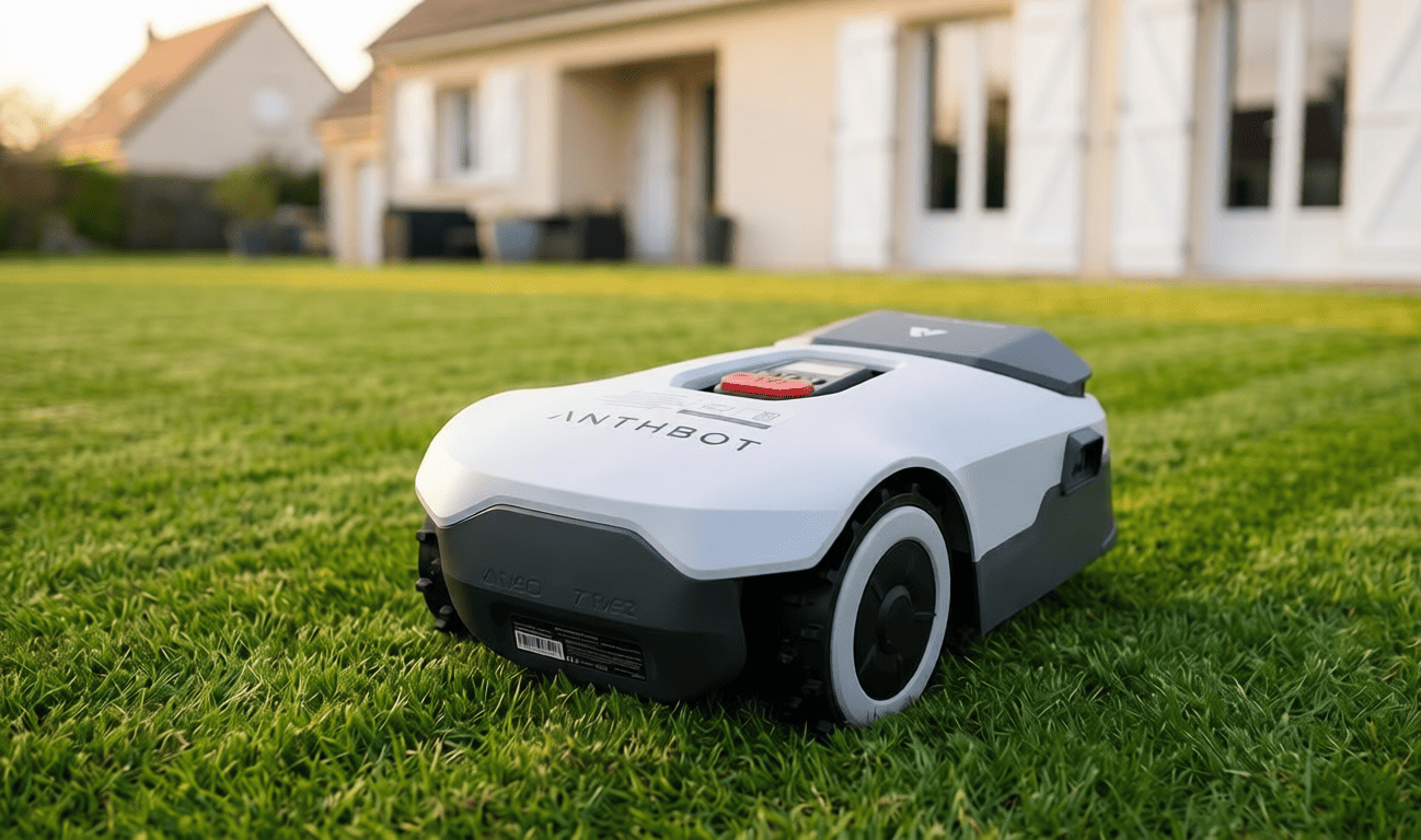 Robot tondeuse ANTHBOT Genie 800 dans un jardin résidentiel français