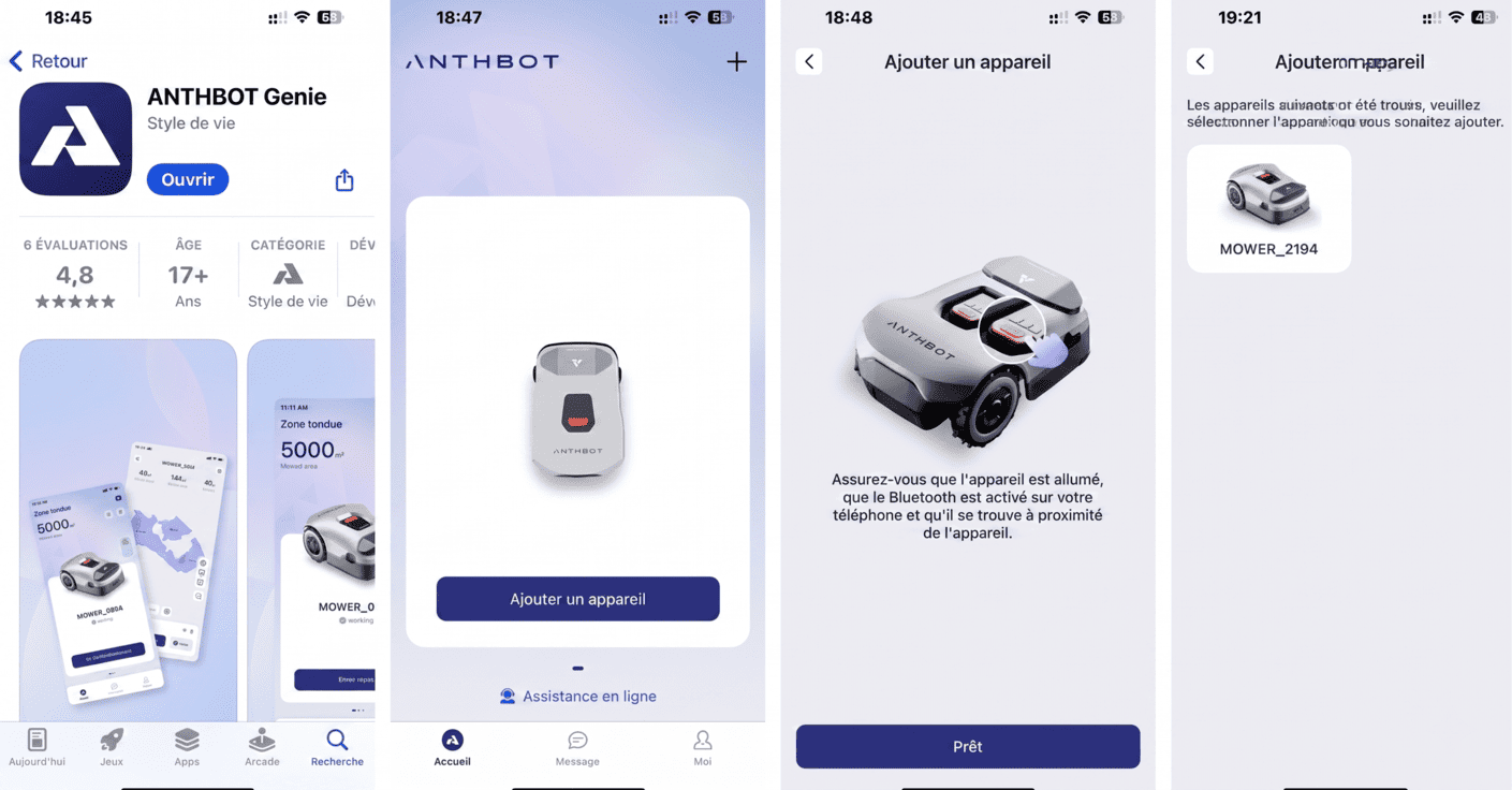 Application mobile ANTHBOT pour piloter le Genie 800 - écrans de configuration